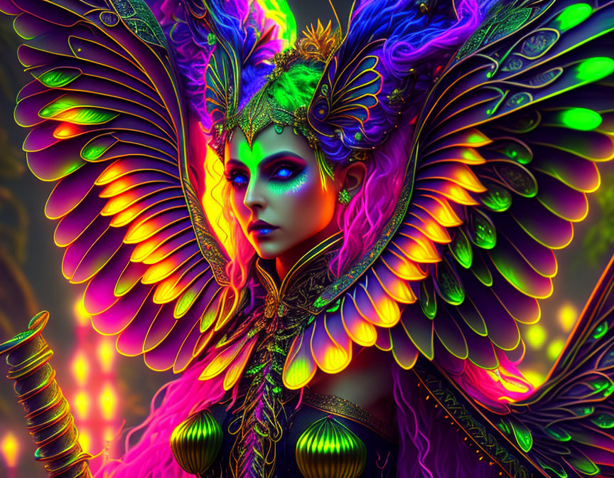 Fantasy figure with iridescent bird wings in magical forest