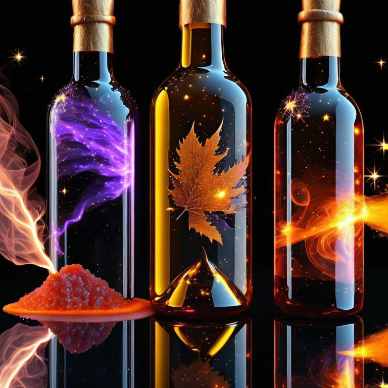 Glass Bottles with Glowing Purple Lightning, Golden Leaf, and Orange Flames on Dark Background with Stars