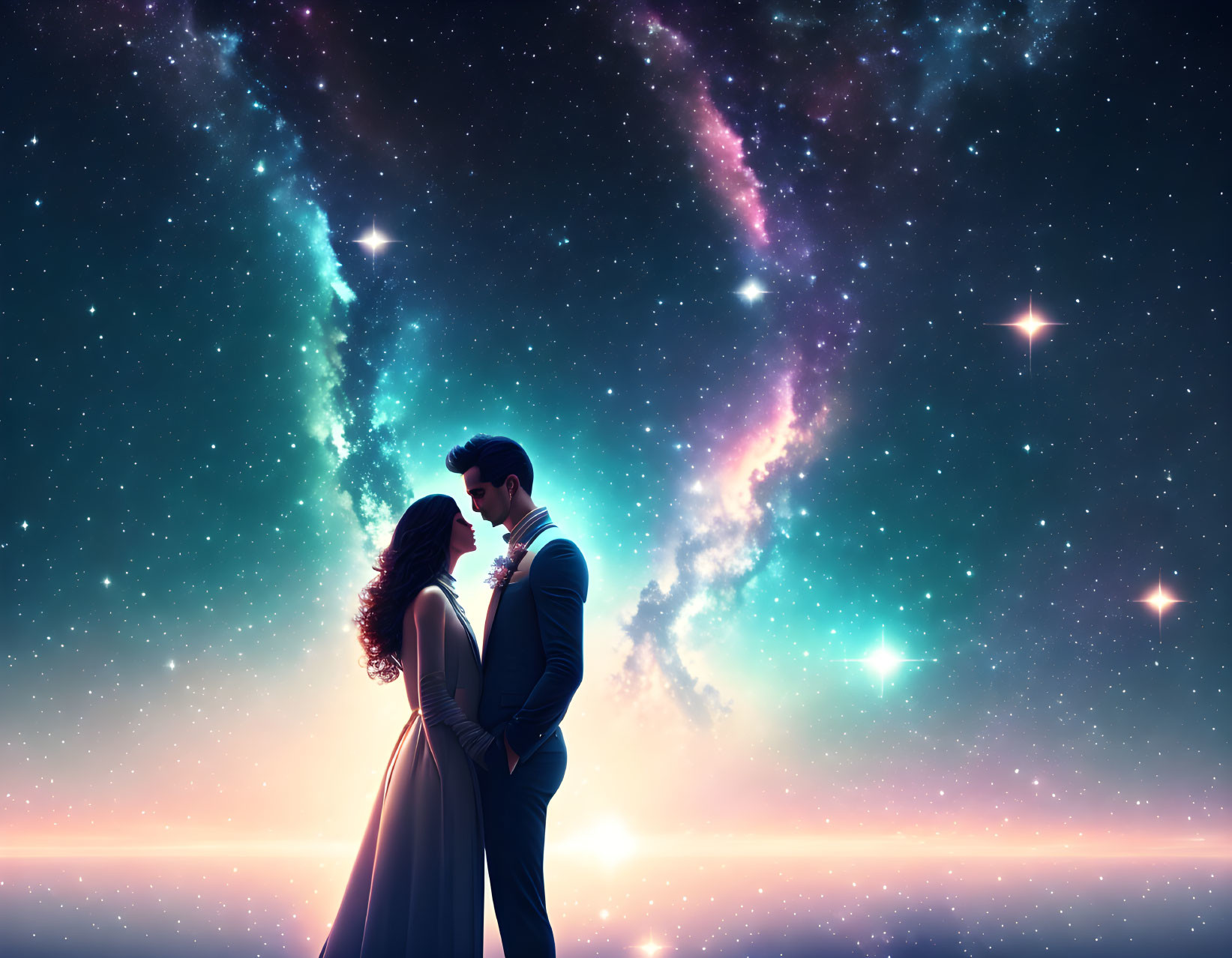 Couple standing against vibrant starry sky with cosmic nebulae