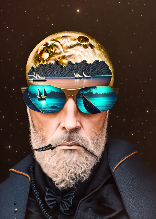 Surreal portrait of man with landscape dome head, seascape reflection sunglasses, and smoking pipe