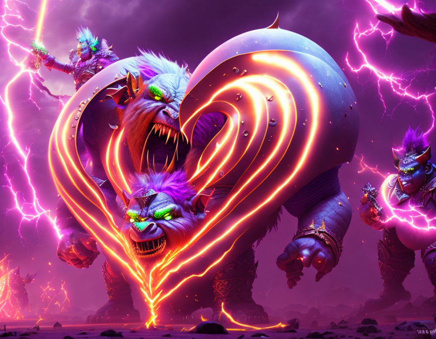 Fantasy scene: towering ogres with clubs, neon heart symbol.