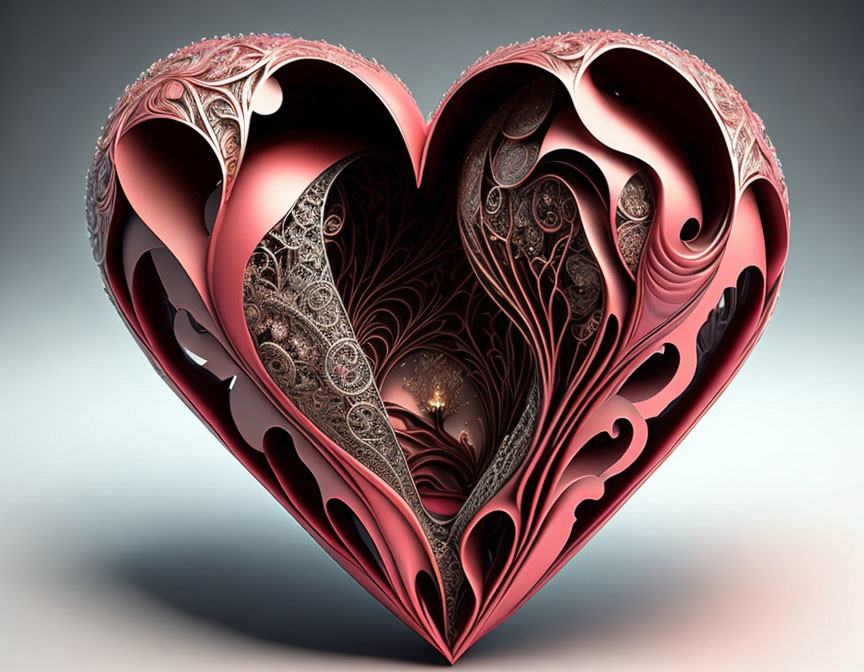 Intricate 3D digital heart art with fractal patterns & soft shadows