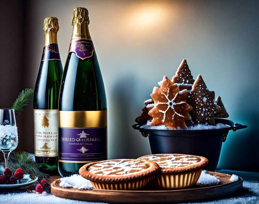 Champagne Bottles, Star-shaped Cookies, and Tartlets on Table