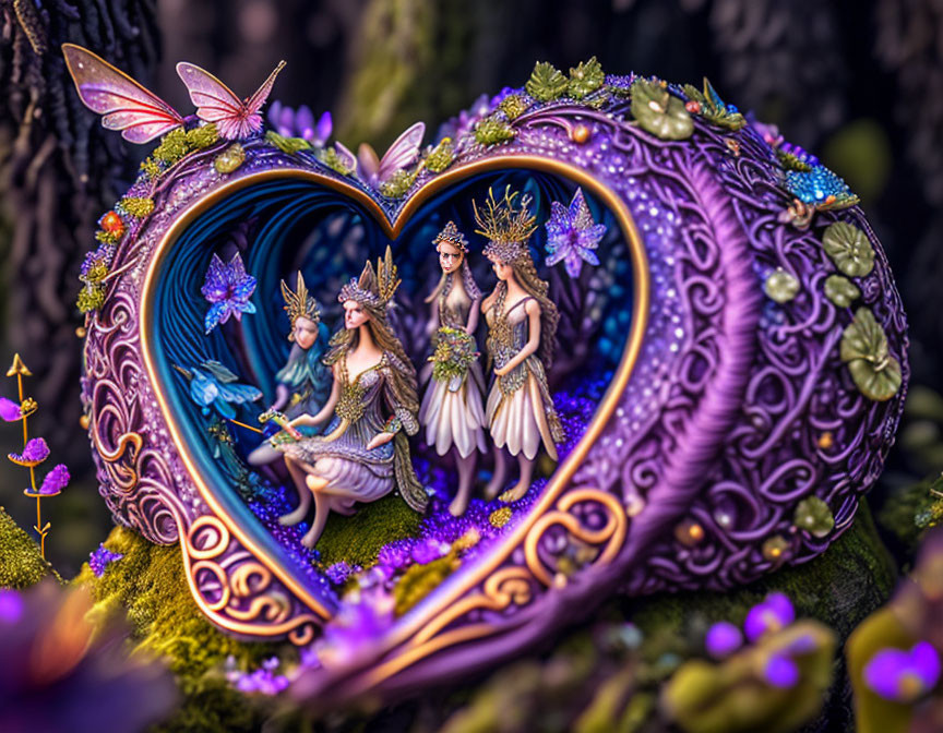 Fantasy heart-shaped frame with fairy figures in vibrant forest