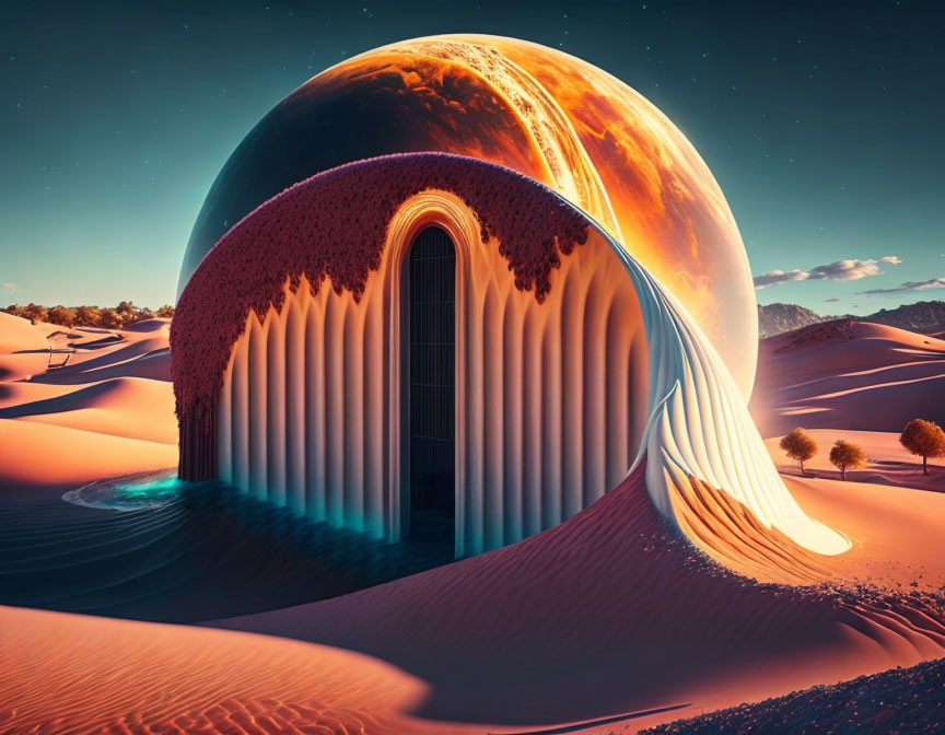 Sliced sphere with orange core in surreal desert landscape