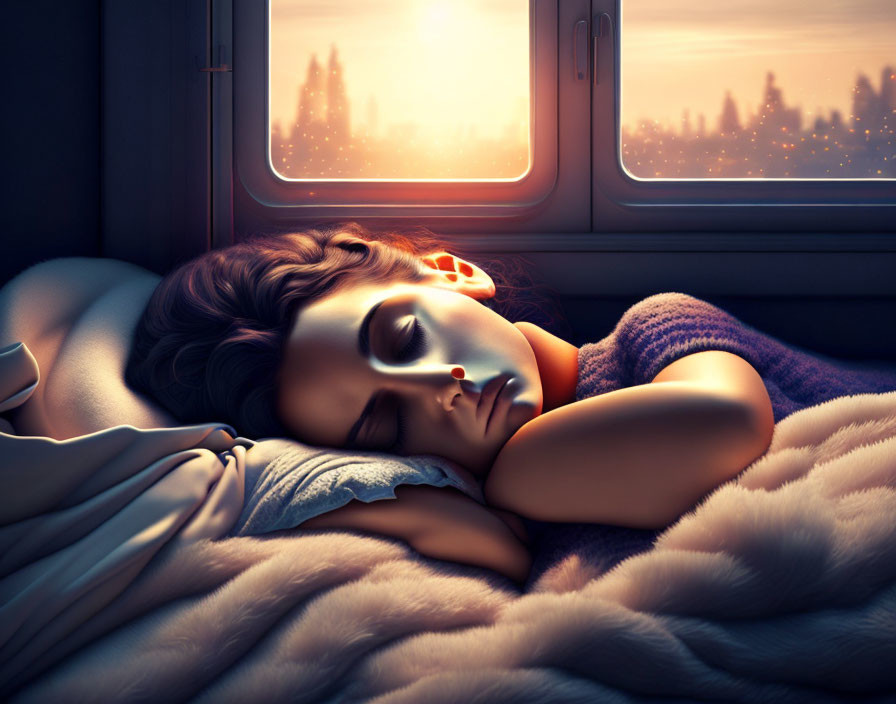 Woman peacefully sleeping on train with sunset cityscape view.