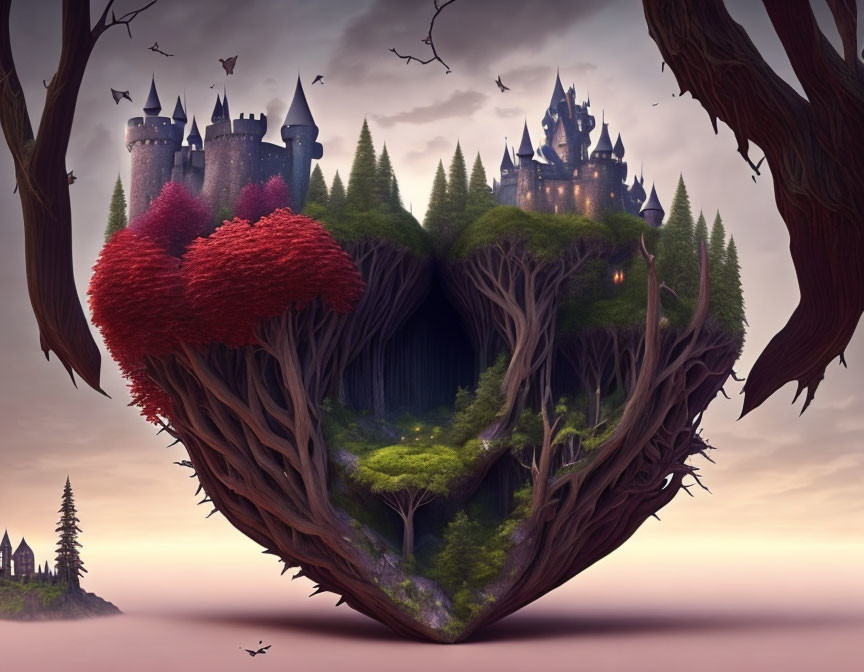 Heart-shaped island with castles, forest, birds, and hazy sky