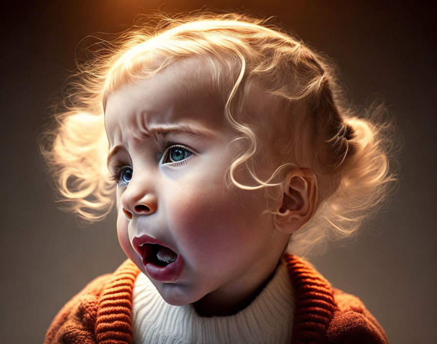 Curly-Haired Toddler in Orange Sweater: Emotional Expression on Dark Background