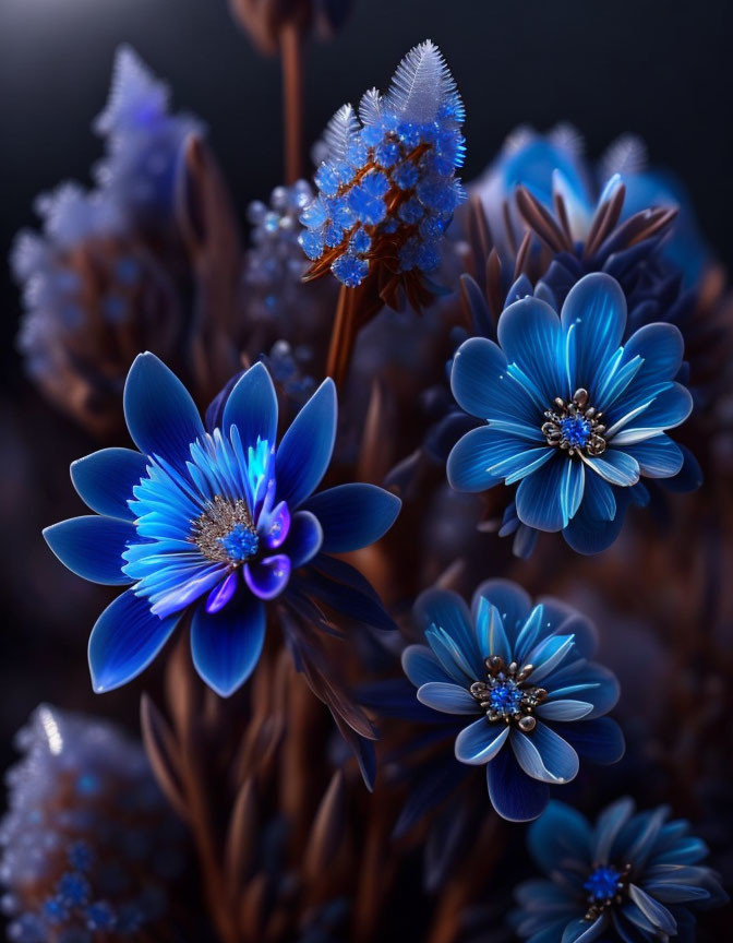 Blue and Purple Flowers with White Details on Dark Background