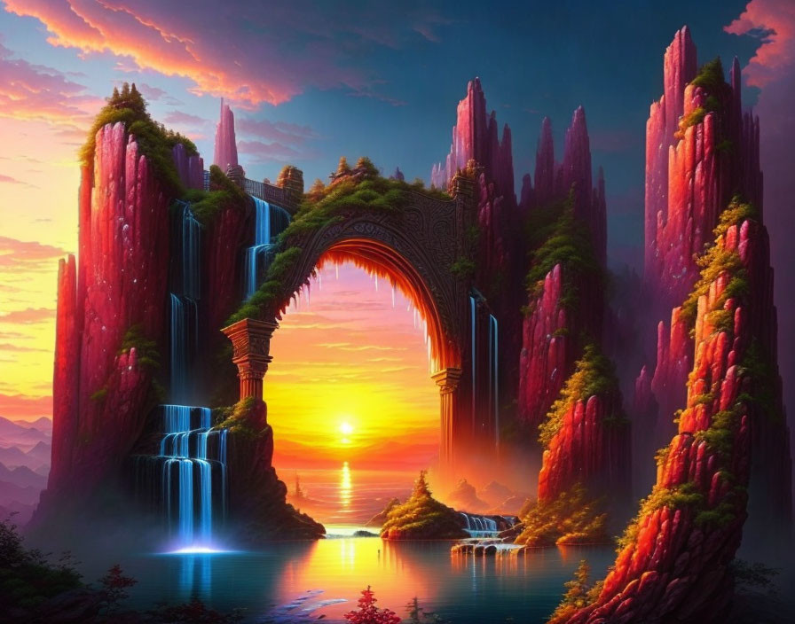 Majestic fantasy landscape with pink cliffs, bridge, waterfalls, and sunset