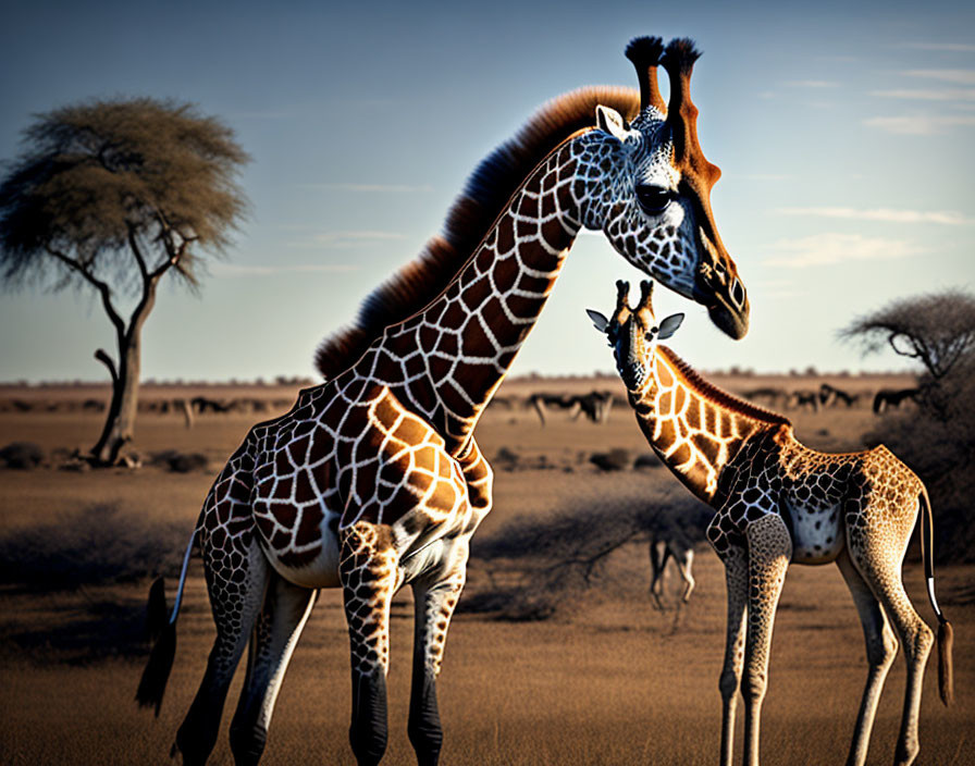 Adult Giraffe Affectionately Bends Towards Calf in Savanna