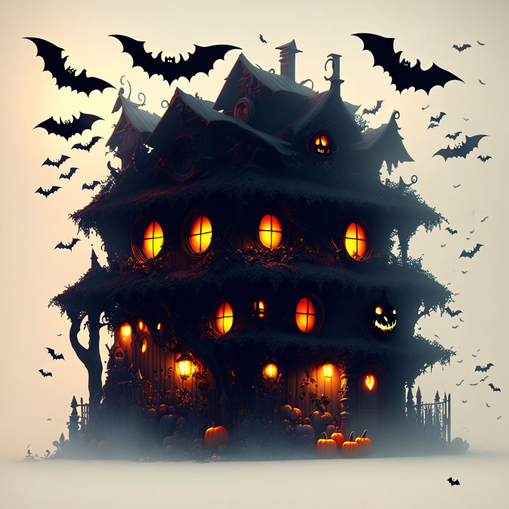 Spooky haunted house with glowing windows, bats, pumpkins, and foggy backdrop