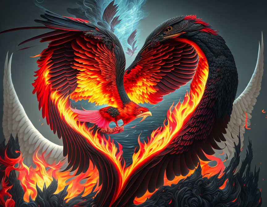 Vivid mythical phoenix clash in fiery red and cool colors