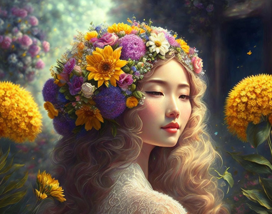 Woman with floral crown in serene gaze among greenery and yellow flowers