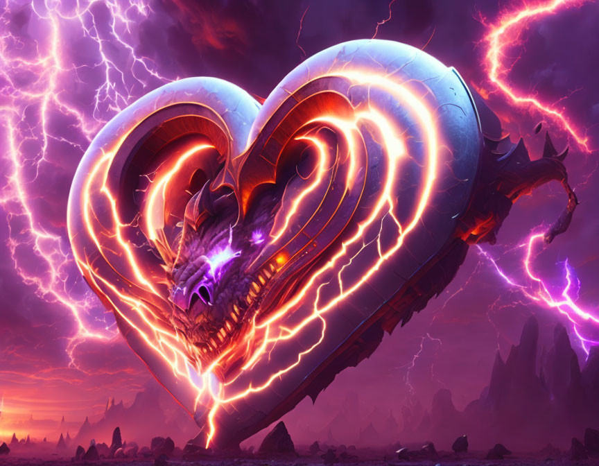 Heart-shaped dragon digital artwork in stormy sky