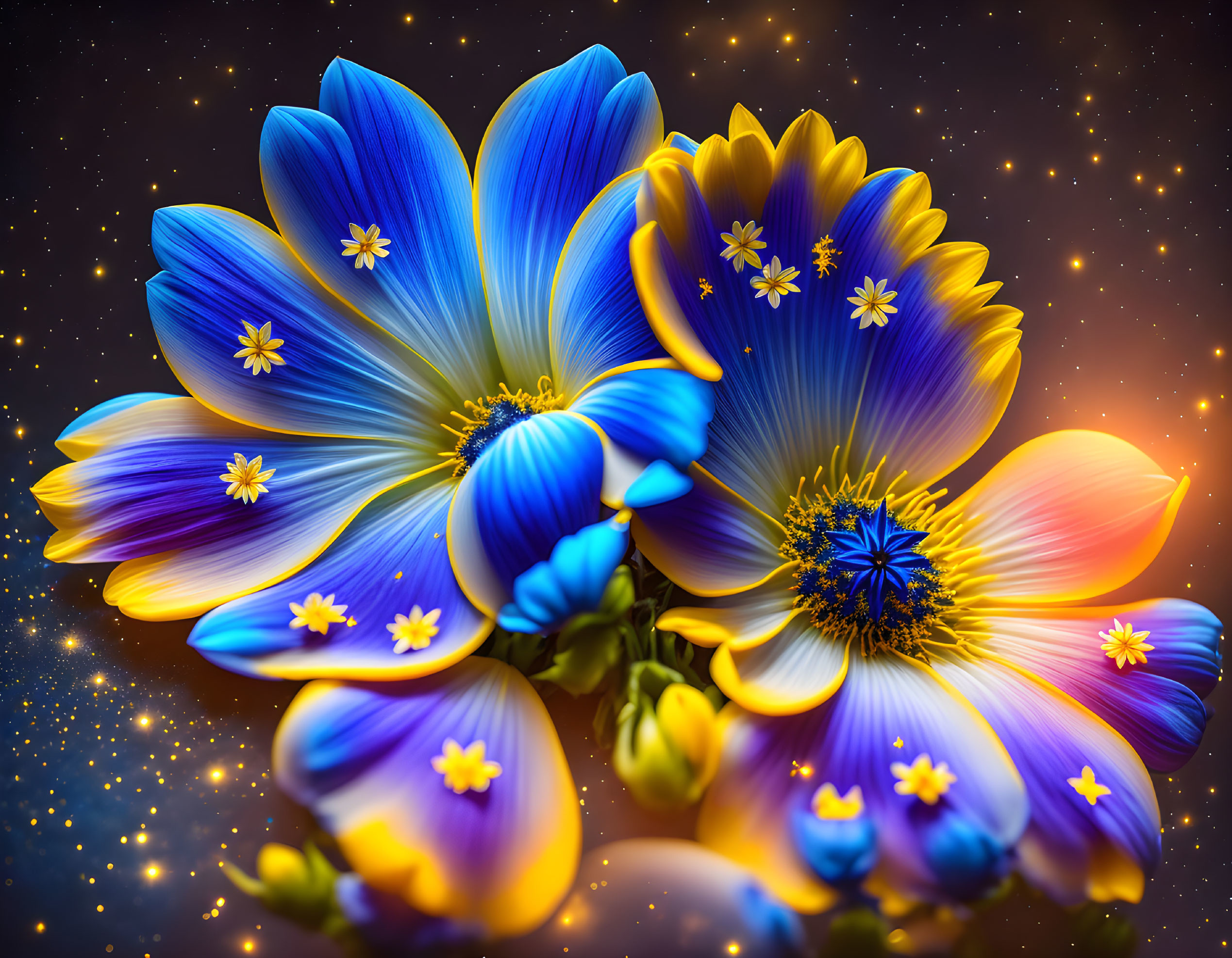 Blue and yellow flowers on cosmic background: ethereal space-garden.