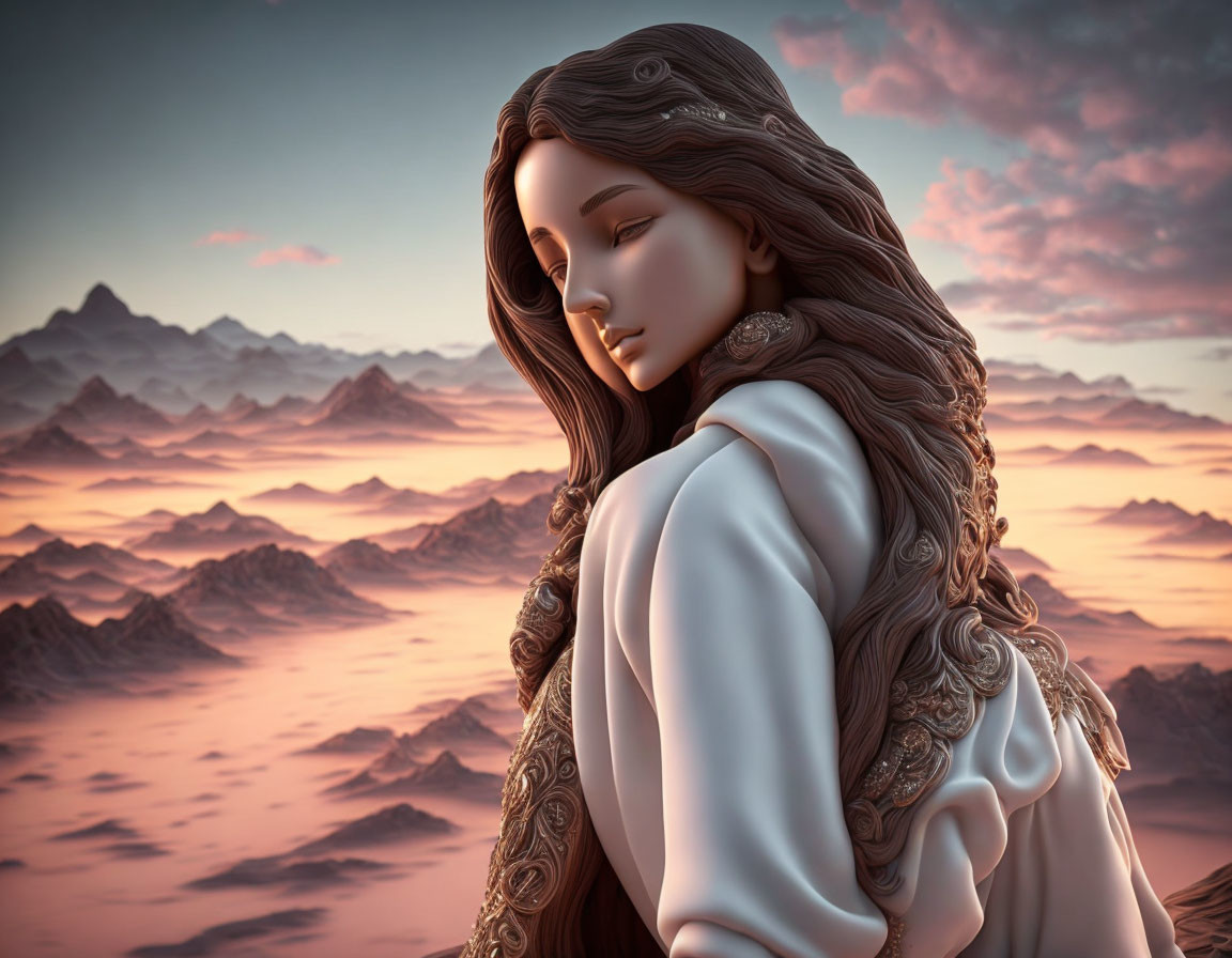 3D illustration of woman in white robe gazing at mountain landscape