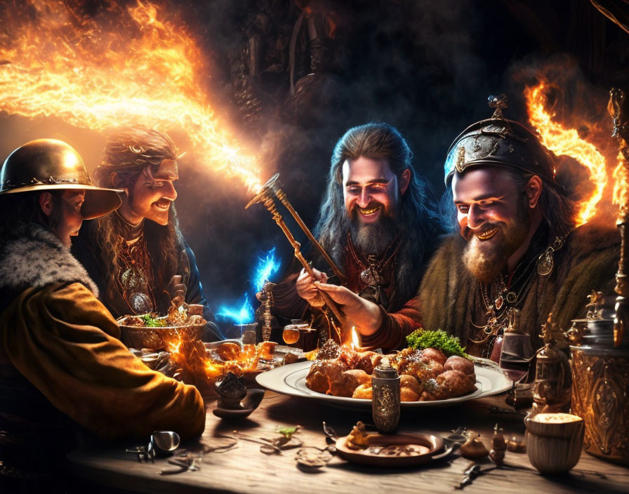 Four individuals in historical or fantasy attire feasting at a table with warm, fiery glow.