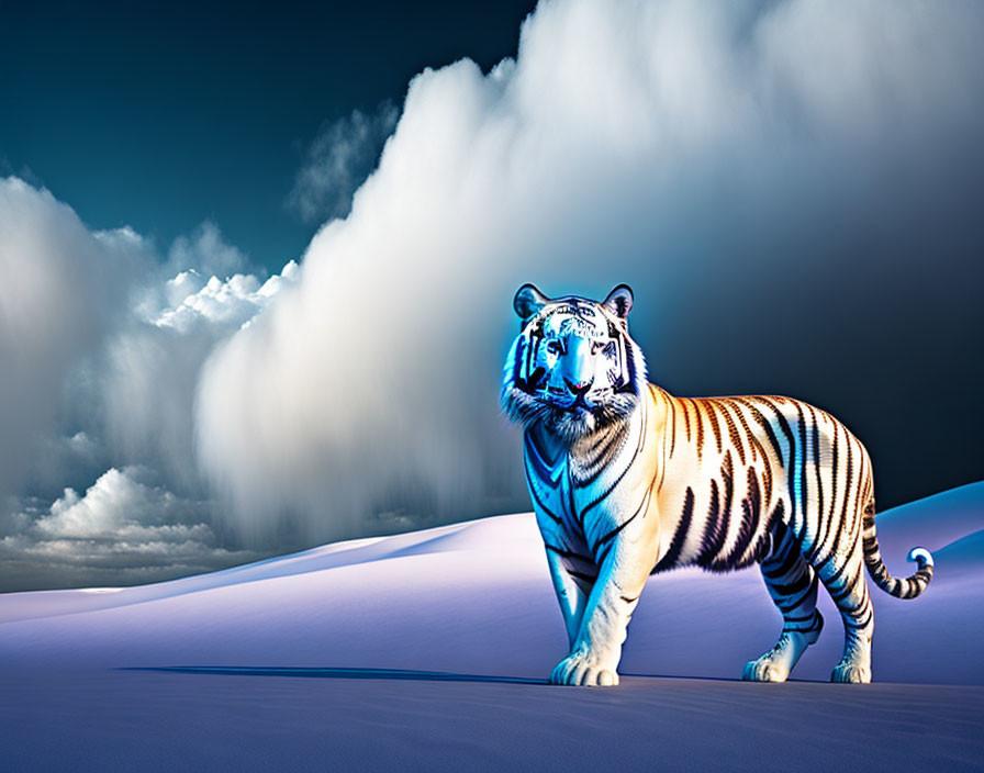 Blue-striped tiger on white sand dune under dramatic clouds