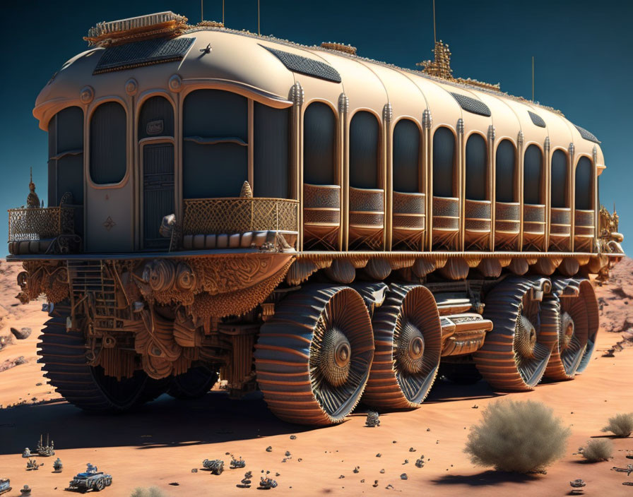 Steampunk-style train carriage vehicle in desert landscape