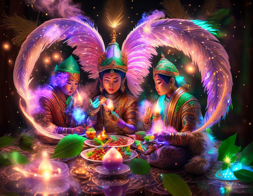 Three figures with glowing wings in mystical ritual with candles and luminous objects