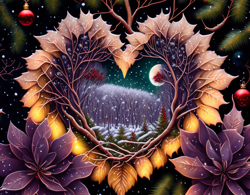 Heart-shaped tree frame with yellow leaves in snowy landscape decorated with red berries and holiday ornaments under night sky