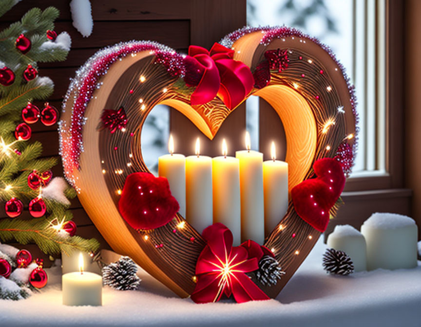 Heart-shaped decoration with red bow, candles, Christmas lights, faux snow, and window.