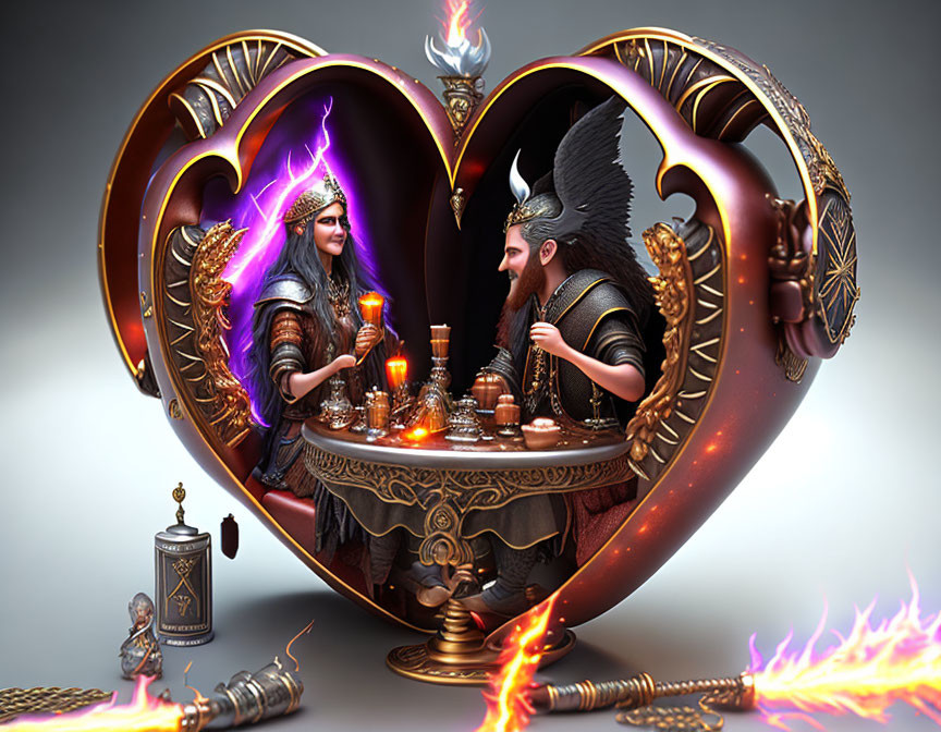 Fantastical 3D Artwork: Heart-Shaped Throne with Warrior Queen and King in Reg