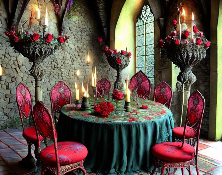 Medieval-themed room with stone walls, stained glass windows, round table, red roses, candles,