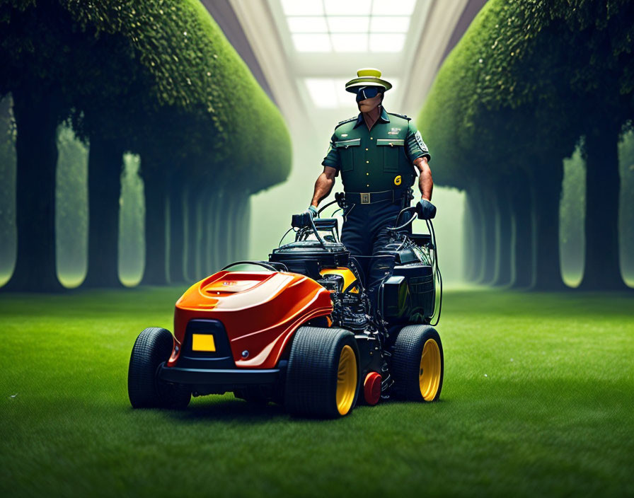 Uniformed person mowing lawn with ride-on lawnmower