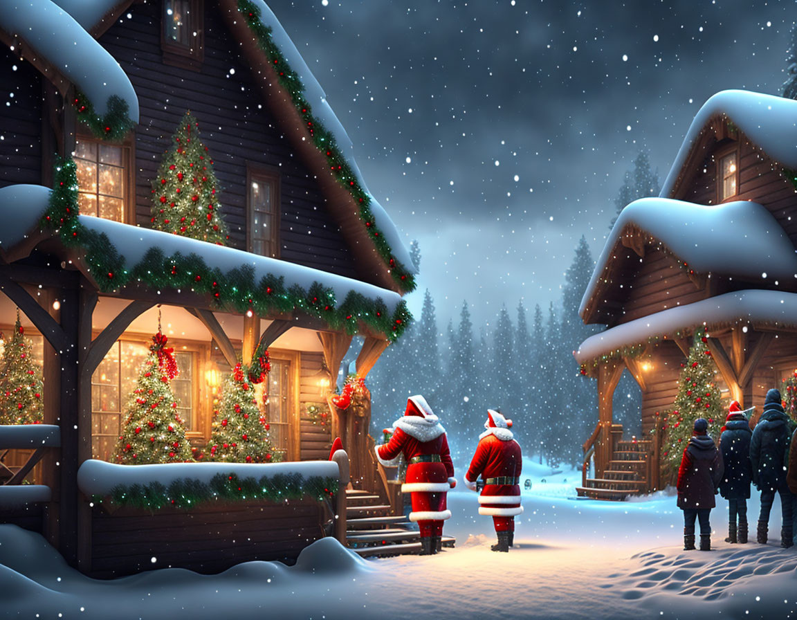 Santa Claus Costumes at Festive Cabin in Snowy Landscape