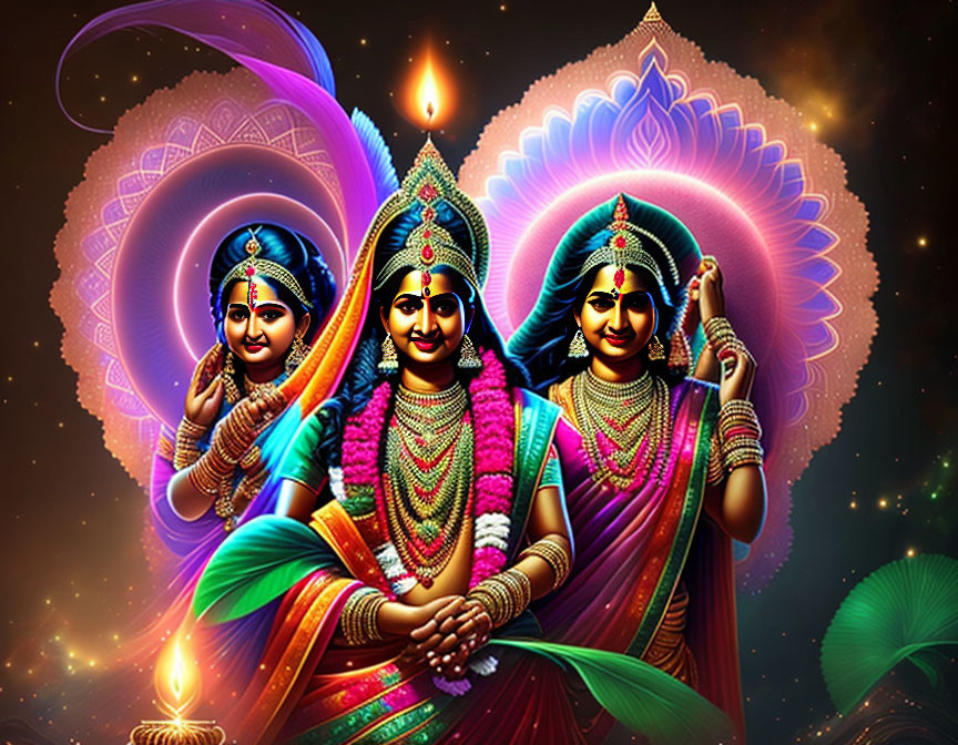 Three Hindu deities in traditional attire against celestial backdrop.