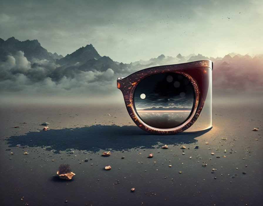 Surreal giant sunglass lens in desolate landscape with mountain reflection