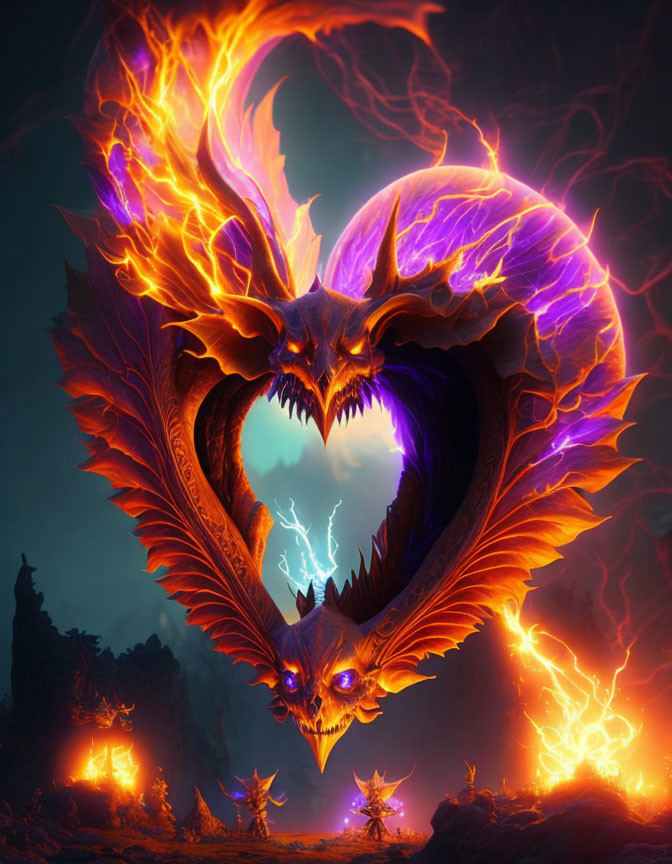 Majestic dragon with orange and purple wings in fiery landscape