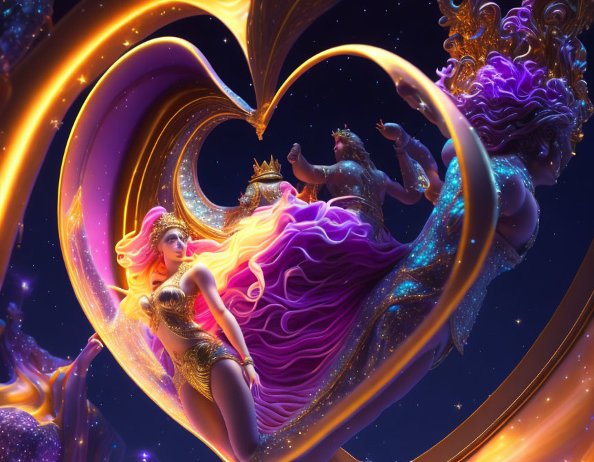 Stylized regal figures with crowns in heart-shaped frame against cosmic backdrop