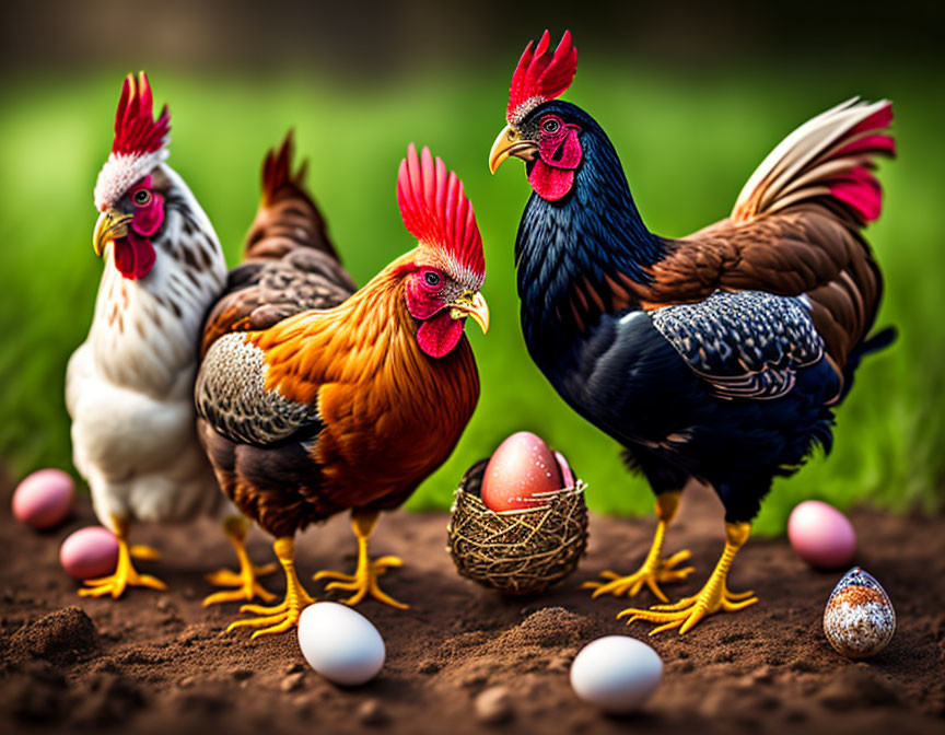 Colorful Chicken Group on Rich Soil with White and Iridescent Eggs