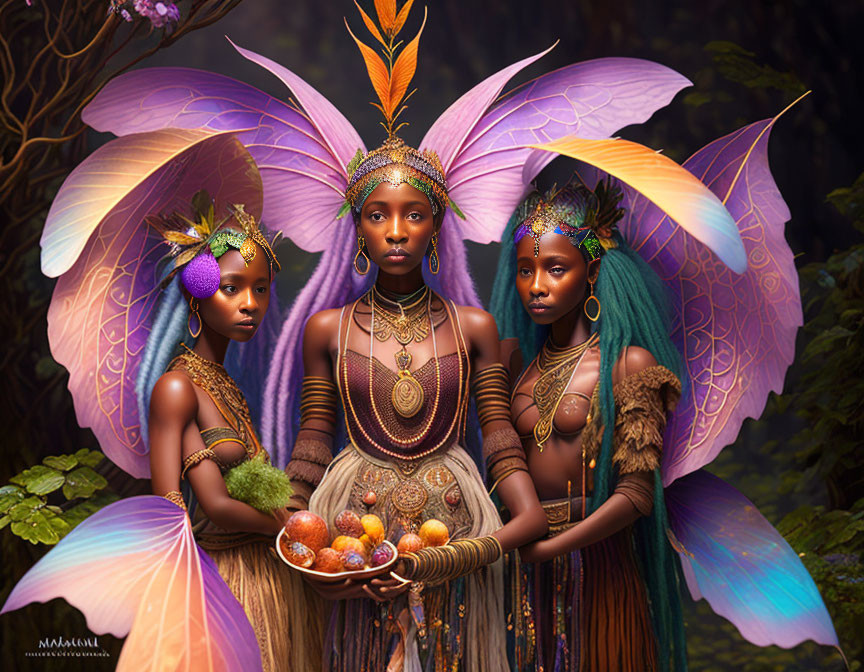 Three women adorned in intricate golden jewelry and colorful butterfly wings in a mystical forest.