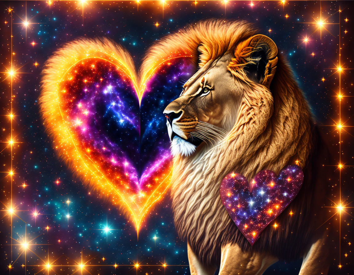 Majestic lion with galaxy heart on cosmic backdrop