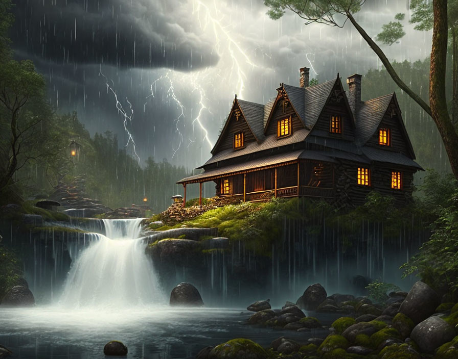 Cliffside cottage with waterfall and stormy sky landscape.