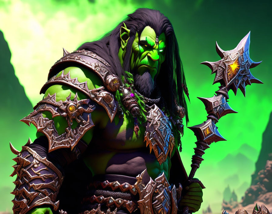 Green-skinned orc in armor with spiked mace on atmospheric background