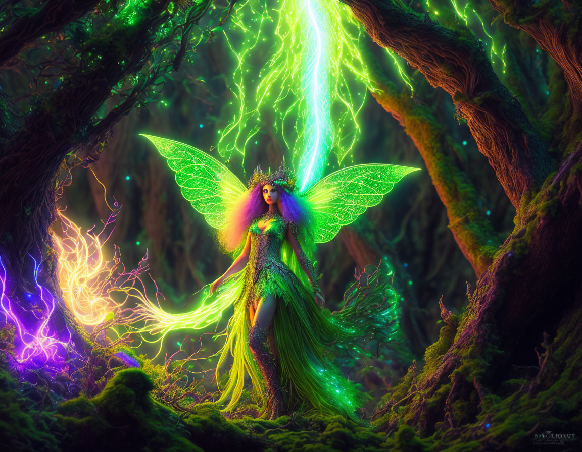 Iridescent-winged fairy in green dress in enchanted forest