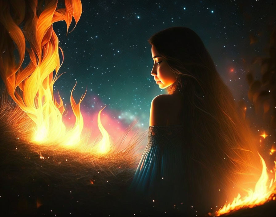 Woman in Blue Dress Amidst Vibrant Flames and Starry Night Sky