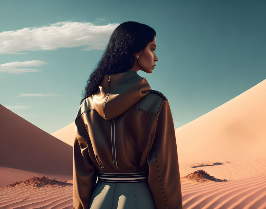 Stylish woman in leather jacket amidst vast sand dunes