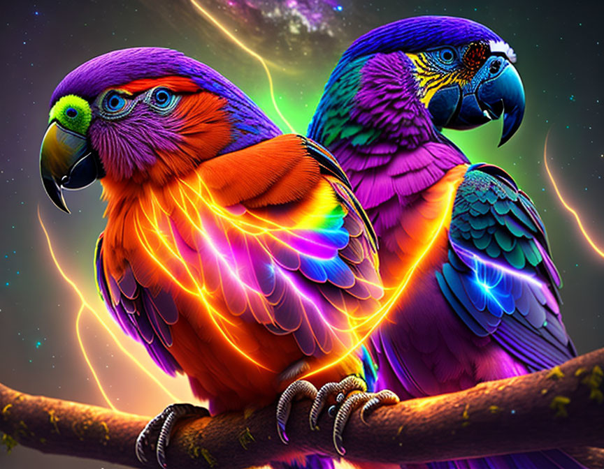 Vibrantly colored parrots on a cosmic branch with glowing feathers.