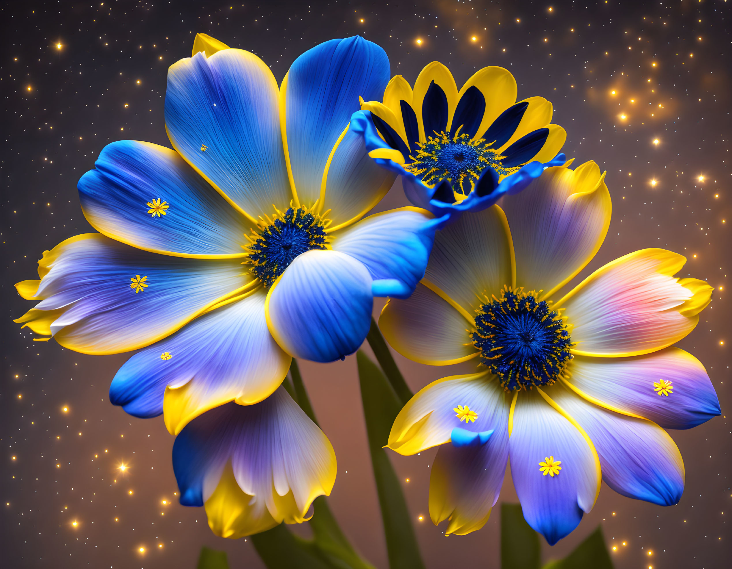 Blue and Yellow Flowers with Star-Like Effects on Glittery Background