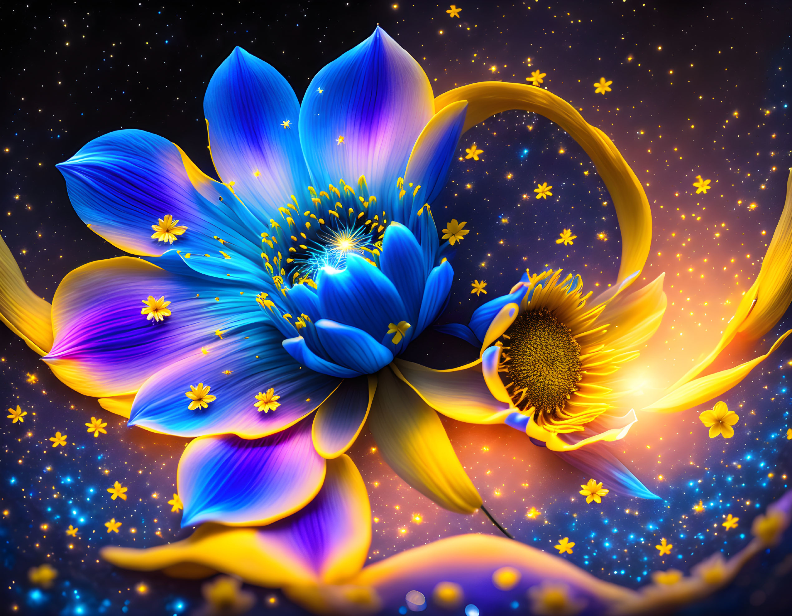 Vibrant digital artwork: Blue lotus with glowing petals on starry background