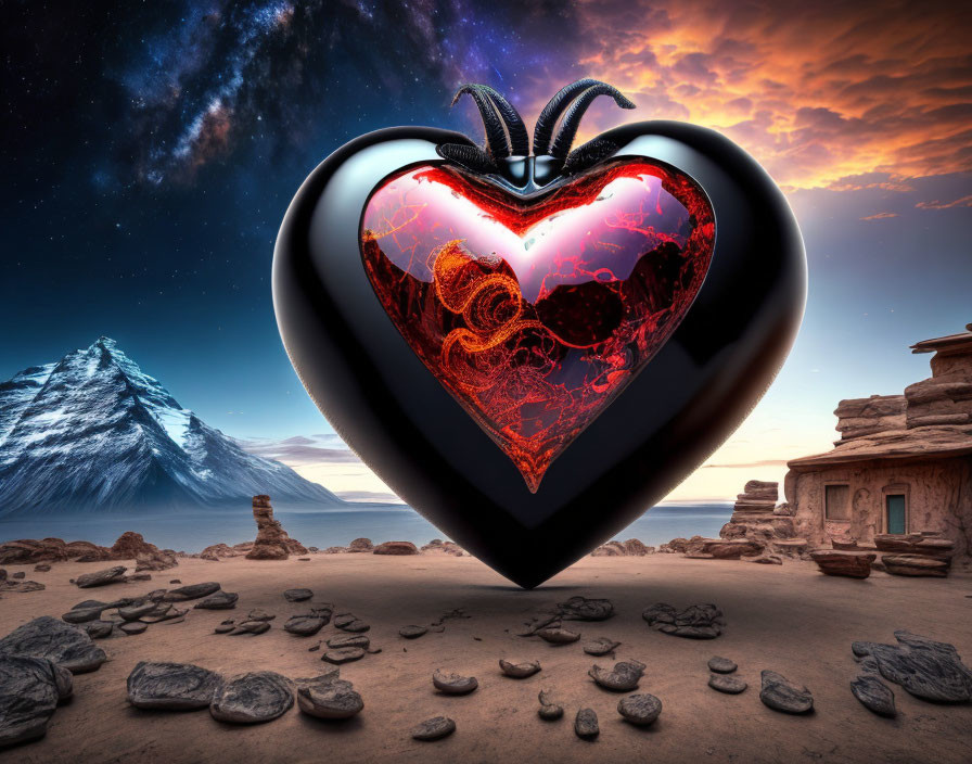 Surreal heart-shaped mechanical object in desert landscape