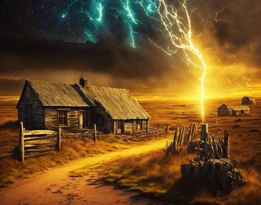 Weathered wooden house under stormy sky on vast field at sunset