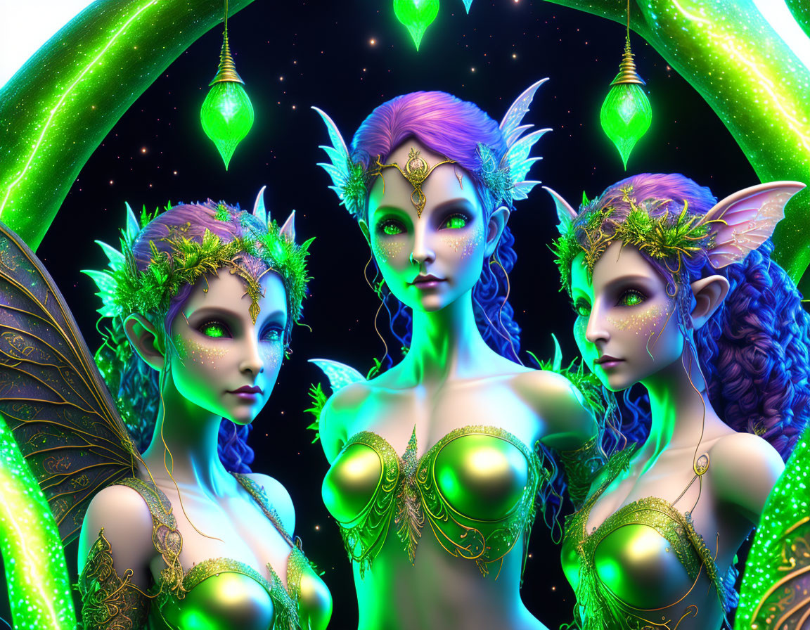 Vibrant fairy-like figures with leafy tiaras and luminescent earrings on starry backdrop