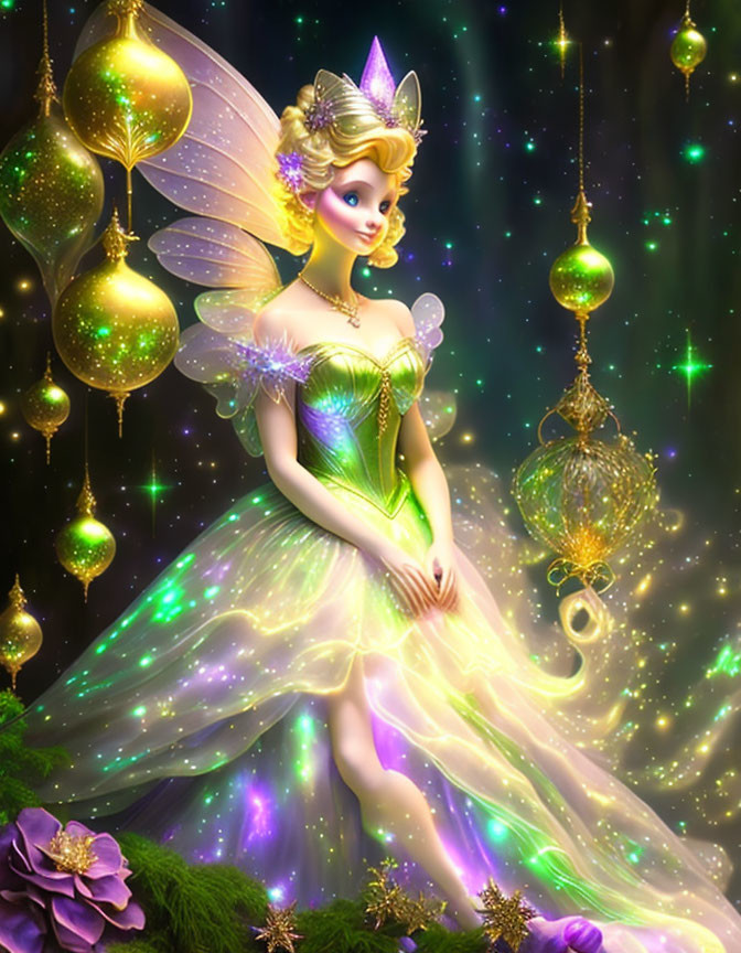 Golden-haired fairy in diaphanous gown among starry backdrop